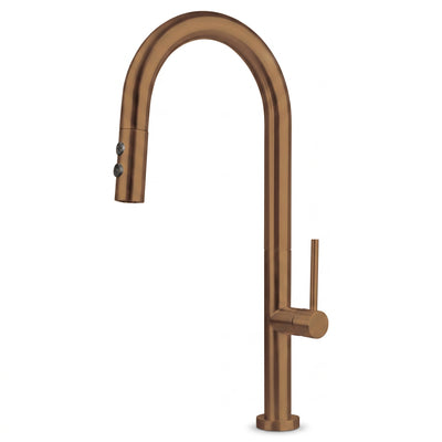 Modern brushed copper pull-down kitchen faucet with a dual-function spray head and a single-lever handle, isolated on a pure white background.