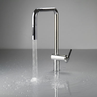 Chrome high-arc square U-shaped kitchen mixer tap with integrated pull-down spray head and single control lever