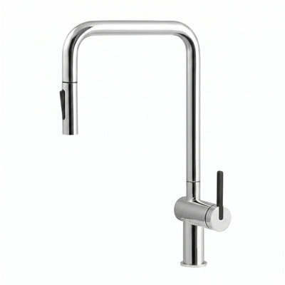 Chrome high-arc square U-shaped kitchen mixer tap with integrated pull-down spray head and single control lever, isolated on a pure white background for Shopify display