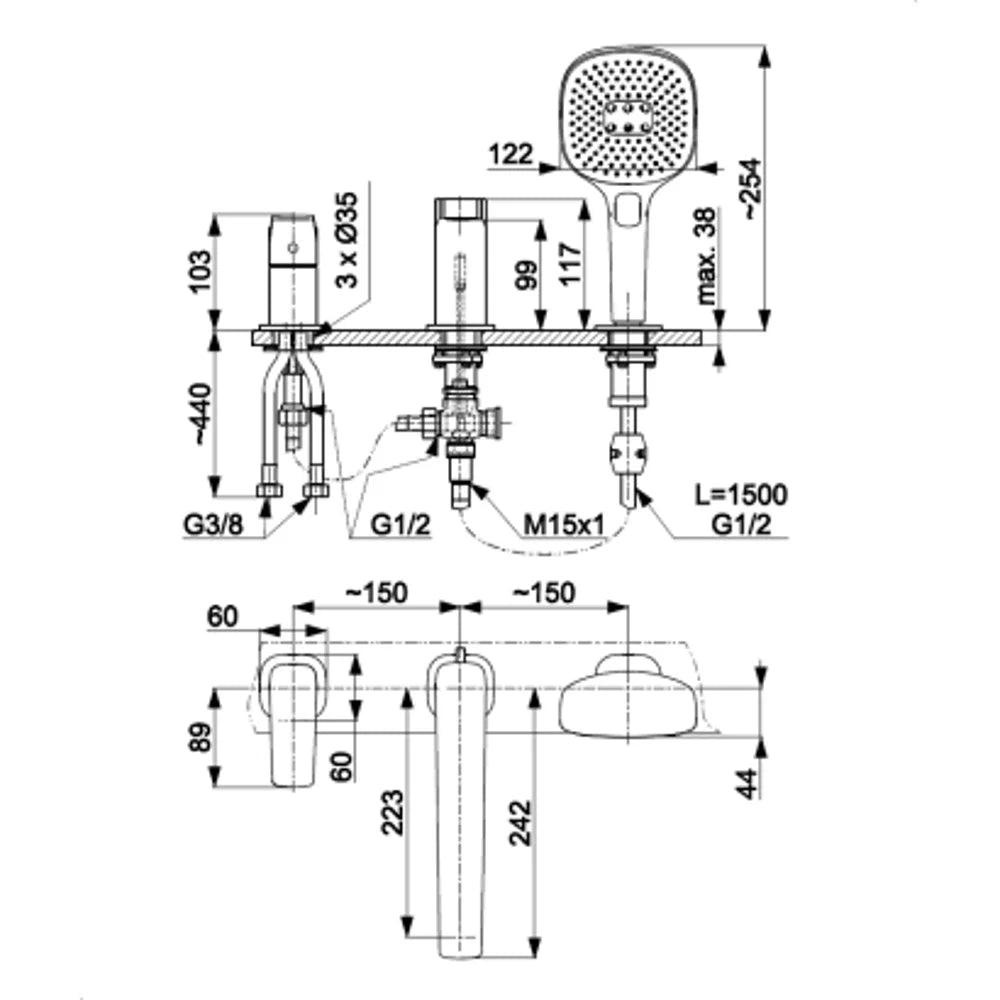 Malaga 3-Hole Deck Mounted Bath Mixer