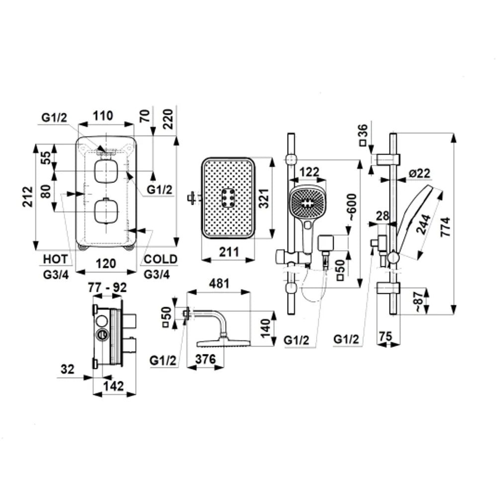 Malaga Concealed Thermostatic Rainshower Set with Sliding Rail