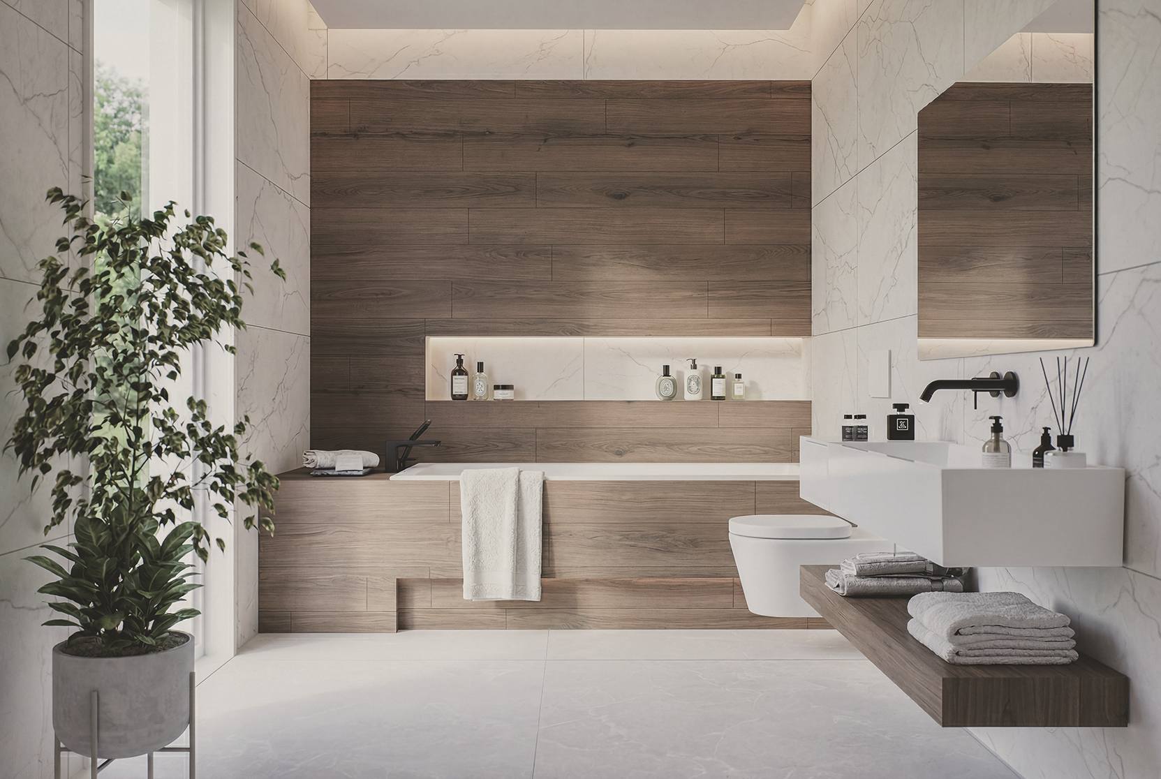 Nodo wood-effect tiles by Ceramika Paradyz - bathroom arrangement