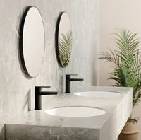 two Alpinia Ceramic washbasin undermount installed with taps