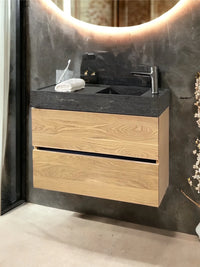 Slim 30cm Oak Vanity Unit with Stone Basin – 80cm Wide - Bathroom Store Ireland