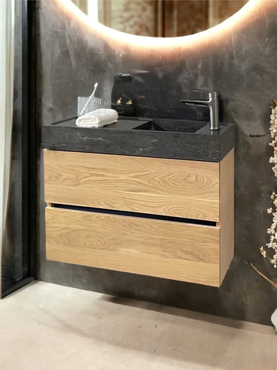 Slim 30cm Oak Vanity Unit with Stone Basin – 80cm Wide - Bathroom Store Ireland