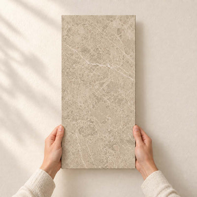 Archicross Stone Beige Matt 30x60cm – full tile held in hands – product render