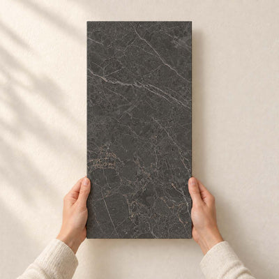 Archicross Stone Black Matt 30x60cm – full tile held in hands – product render