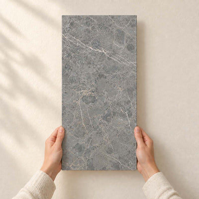 Archicross Stone Grey Matt 30x60cm – full tile held in hands – product render