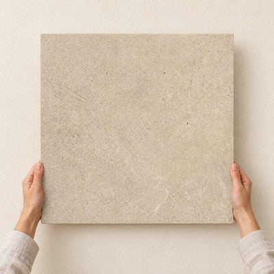 Authority Beige Matt 60x60cm – full tile held in hands – product render