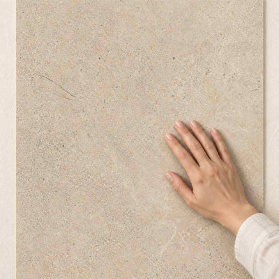 Authority Beige Matt 60x60cm – hand touching tile surface – product render
