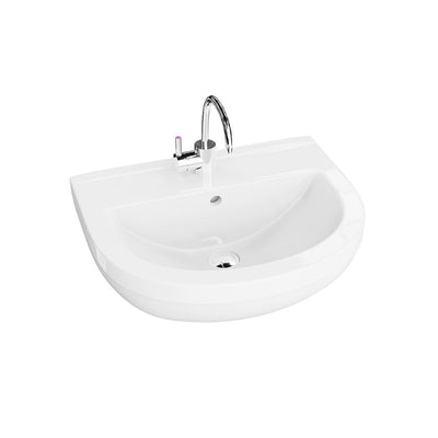 Bart 505mm white ceramic basin shown with optional tap