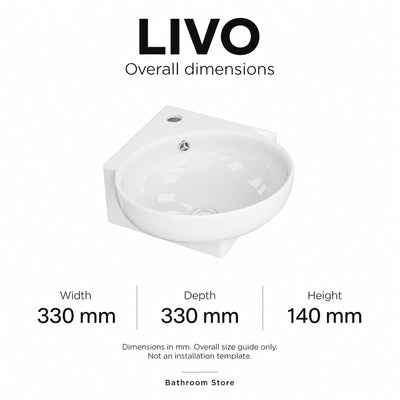 Livo White Gloss basin overall dimensions: 330 mm wide, 330 mm deep, 140 mm high