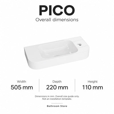 Pico White Gloss basin overall dimensions: 505 mm wide, 220 mm deep, 110 mm high