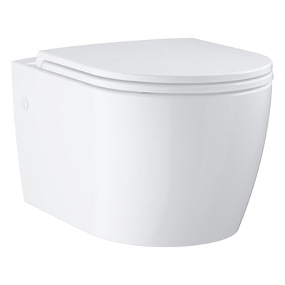 GROHE Bau Ceramic wall-hung WC pan included in the Rapid SL 3-in-1 1.13 m pack, angled front view in white with the seat closed