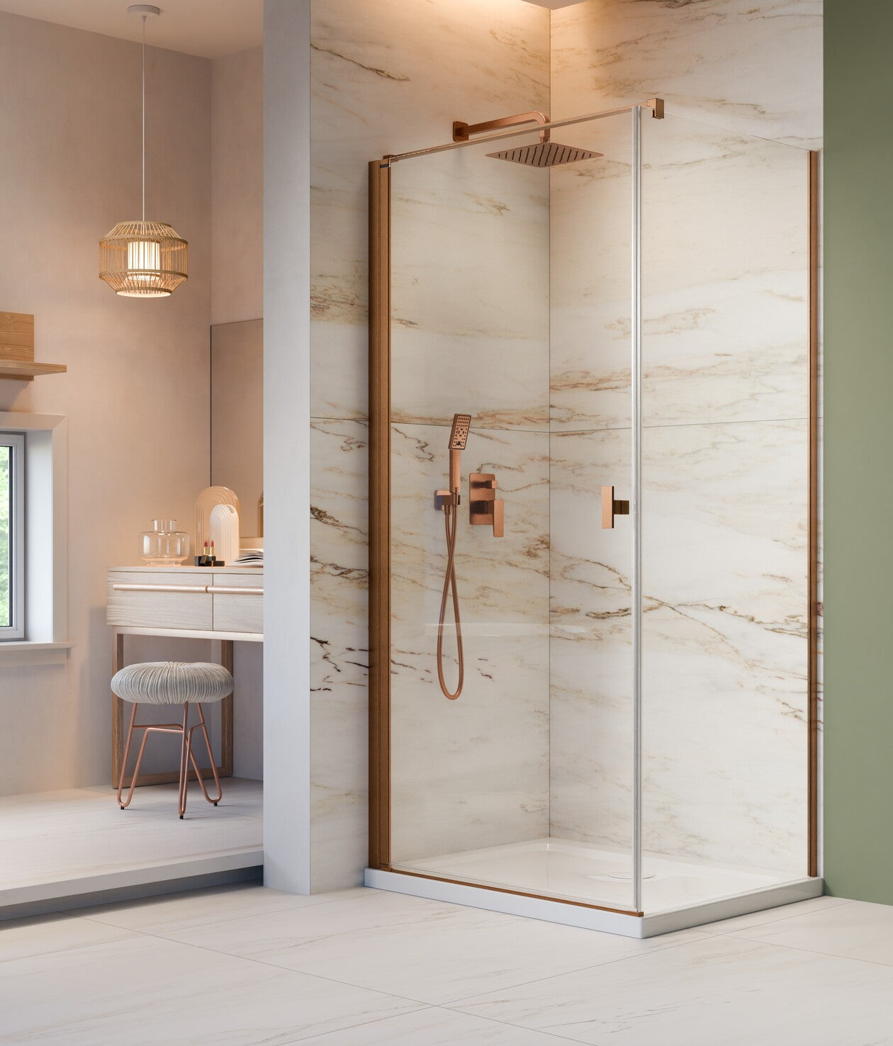 Brushed copper shower enclosure in a marble bathroom