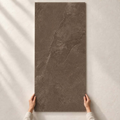 Coffee Field Brown Matt 120x60cm – full tile held in hands – product render