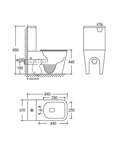 Tryton 3.0 Rimless Flush Floor Mounted Toilet (Comfort Height 44cm) dimensions