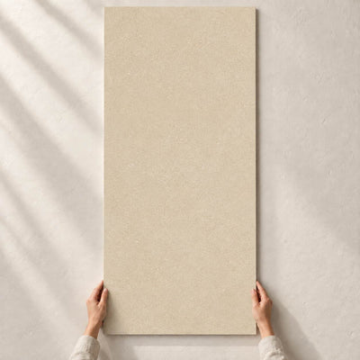 Convero Beige Matt 120x60cm porcelain tile render - full tile held upright by hands