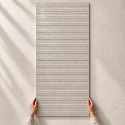 Convero Grey Decor Structure Matt 120x60cm porcelain tile render - full tile held upright by hands