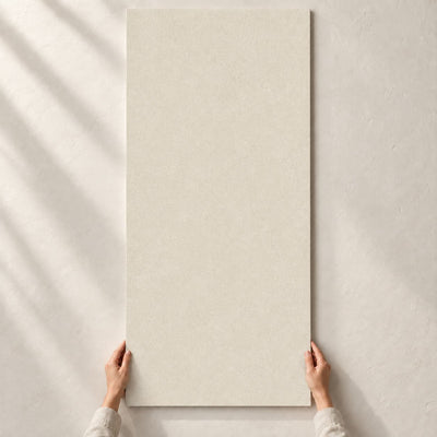 Convero Light Beige Matt 120x60cm porcelain tile render - full tile held upright by hands