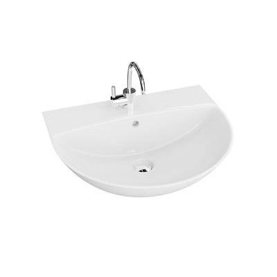 Corel 560mm white ceramic basin shown with optional tap