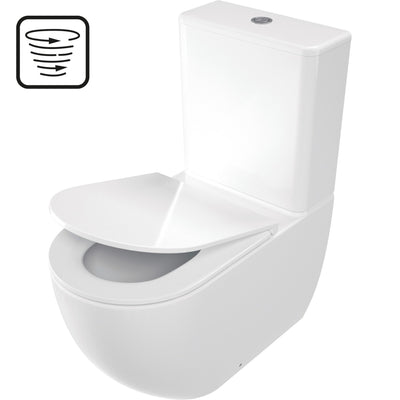 Deante Jasmin close coupled toilet with seat raised, showing the rimless white ceramic bowl