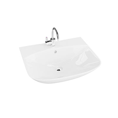 Dore 560mm white ceramic basin shown with optional tap