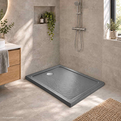 DOROS F Stone Anthracite Shower Tray in a modern bathroom without glass enclosure - illustrative setting