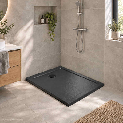 DOROS F Stone Black Shower Tray in a modern bathroom without glass enclosure - illustrative setting