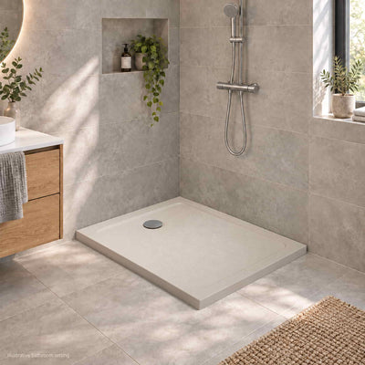 DOROS F Stone Cashmere Shower Tray in a modern bathroom without glass enclosure - illustrative setting