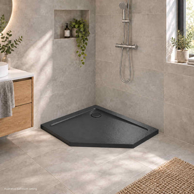 DOROS PT Stone Black Shower Tray in a modern bathroom without glass enclosure - illustrative setting