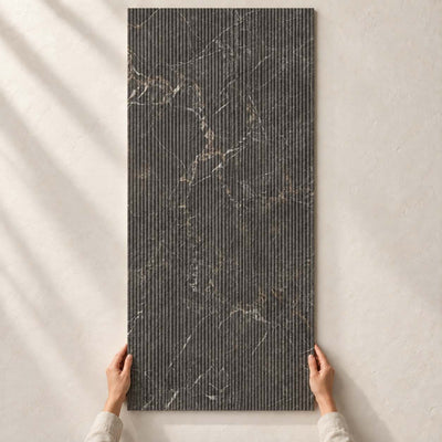 Eloria Anthracite Decor Structure Matt 120x60cm – full tile held in hands – product render