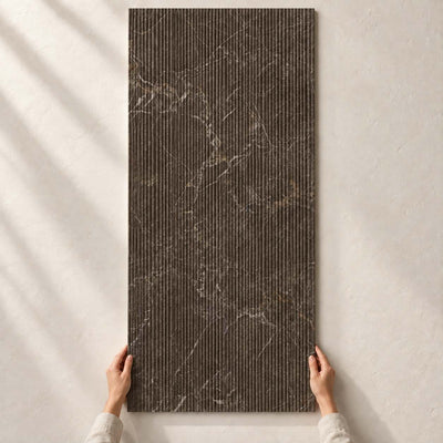 Eloria Brown Decor Structure Matt 120x60cm porcelain tile – full tile held in hands – product render