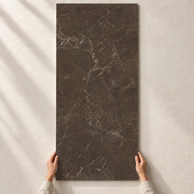 Eloria Brown Structure Matt 120x60cm – full tile held in hands – product render