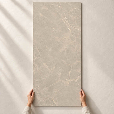 Eloria Taupe Structure Matt 120x60cm porcelain tile – full tile held in hands – product render