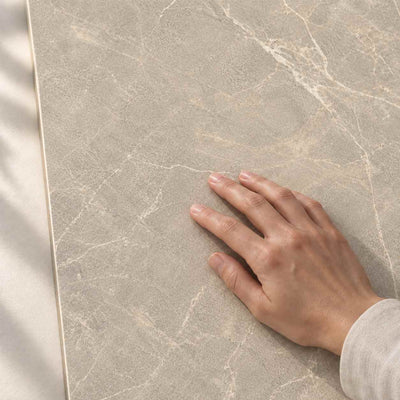 Eloria Taupe Structure Matt 120x60cm porcelain tile – hand touching the textured surface – product render
