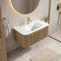 Flauto 870mm Wall Hung Curve Corner Vanity with Matte Basin - Country Oak