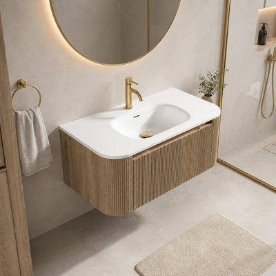 Flauto 870mm Wall Hung Curve Corner Vanity with Matte Basin - Country Oak