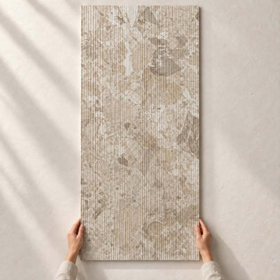 Gradia Greige Decor matt wall tile, 120x60cm, shown in full with hands for scale – product render.