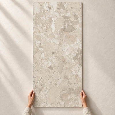 Gradia Greige Matt porcelain tile, 120x60cm, shown in full with hands for scale – product render.