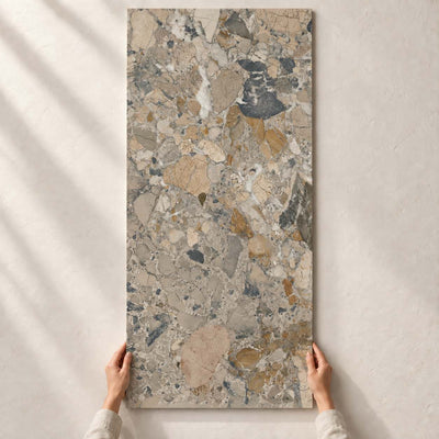 Gradia Naturale Matt porcelain tile, 120x60cm, shown in full with hands for scale – product render.