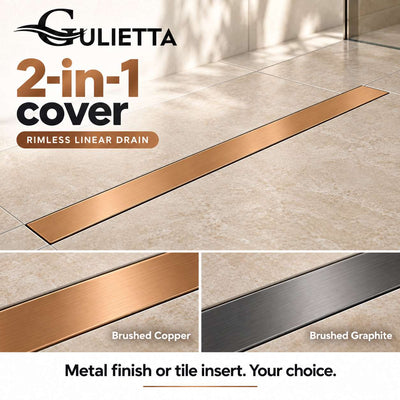 Gulietta rimless linear shower drain with flat 2-in-1 cover, shown in brushed copper with copper and graphite finish details; illustrative installation