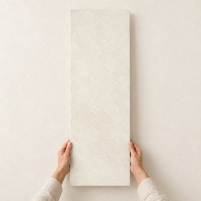 Harlem Chalk Concrete Effect Wall Tile 33.3x90cm – full tile held in hands – product render