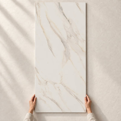 Horizon - Gold Matt Glazed Porcelain Tile 120x60cm – full tile held in hands – product render