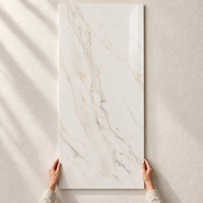 Horizon - Gold Polished Glazed Porcelain Tile 120x60cm – full tile held in hands – product render