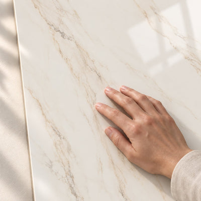 Horizon - Gold Polished Glazed Porcelain Tile 120x60cm – hand touching tile surface – product render