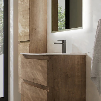 Incline Oak vanity unit and tall boy in bathroom