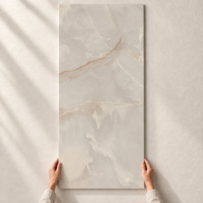 Invisible White - Polished Glazed Porcelain Tile 120x60cm – full tile held in hands – product render