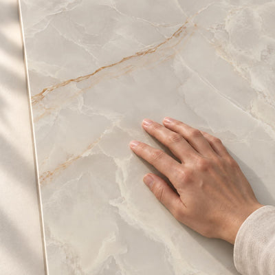 Invisible White - Polished Glazed Porcelain Tile 120x60cm – surface detail with hand – product render