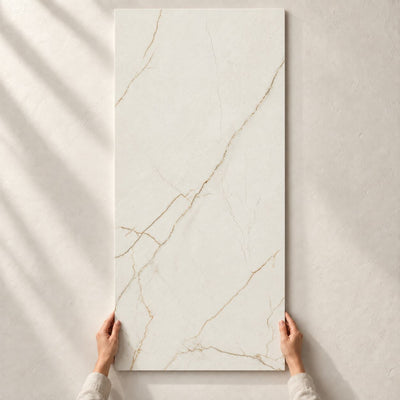 Limaro White Matt 120x60cm – full tile held in hands – product render